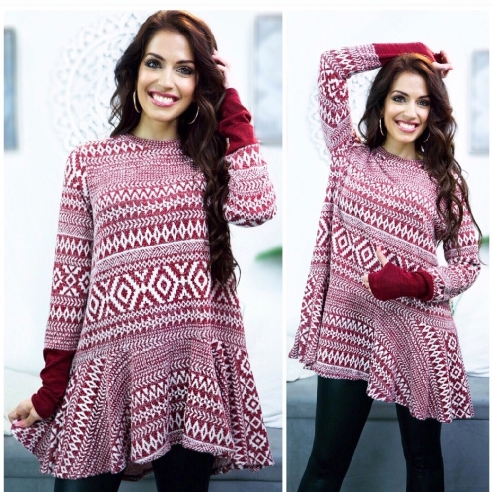 Warm Tunic Burgundy and Winter White Sweater - Picture 5 of 7